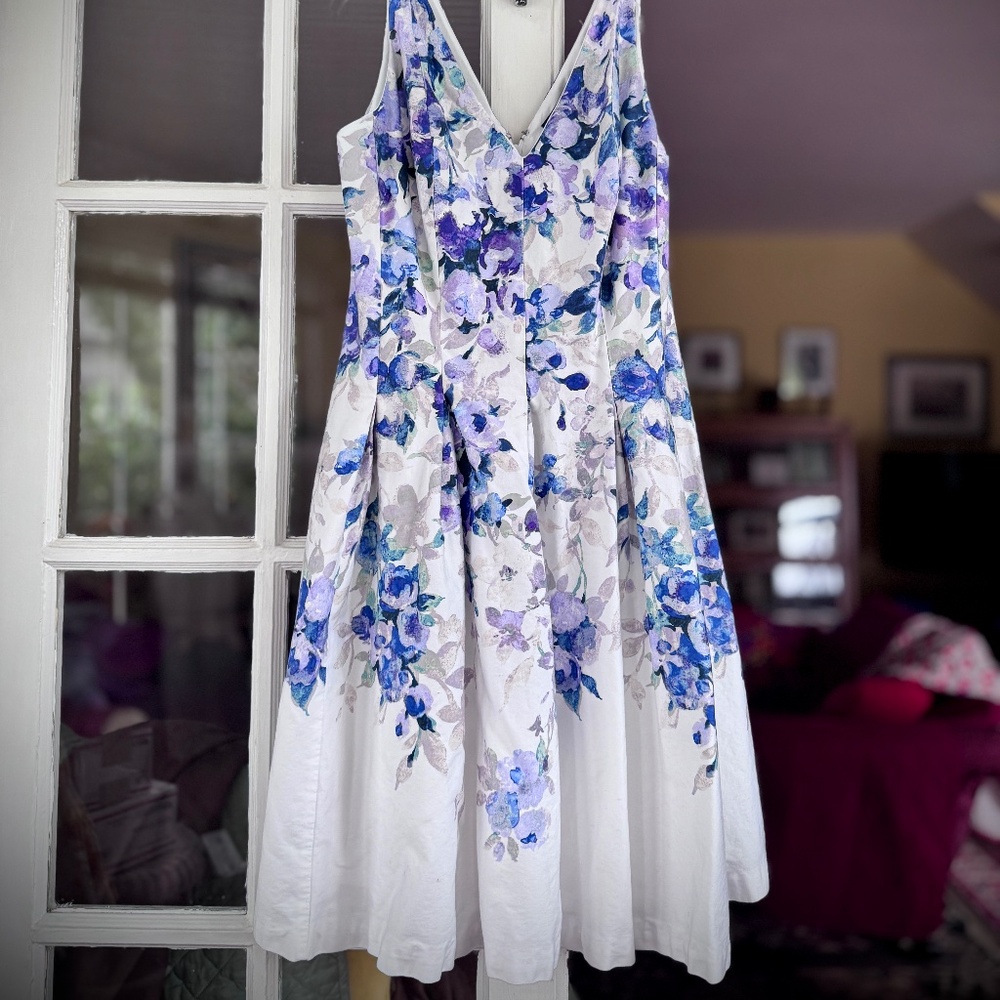 RALPH LAUREN A-LINE DRESS Sleeveless, White with Blue Floral Print in Sz. 14 - Picture 2 of 10